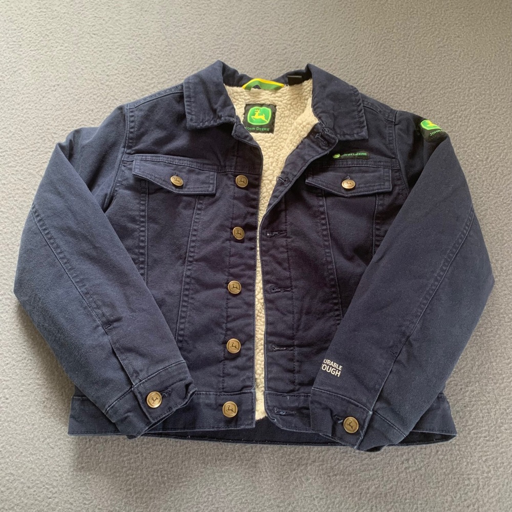 John Deere Blue Canvas Jacket Coat Youth Boys Medium 8 Sherpa Lined Button Farm